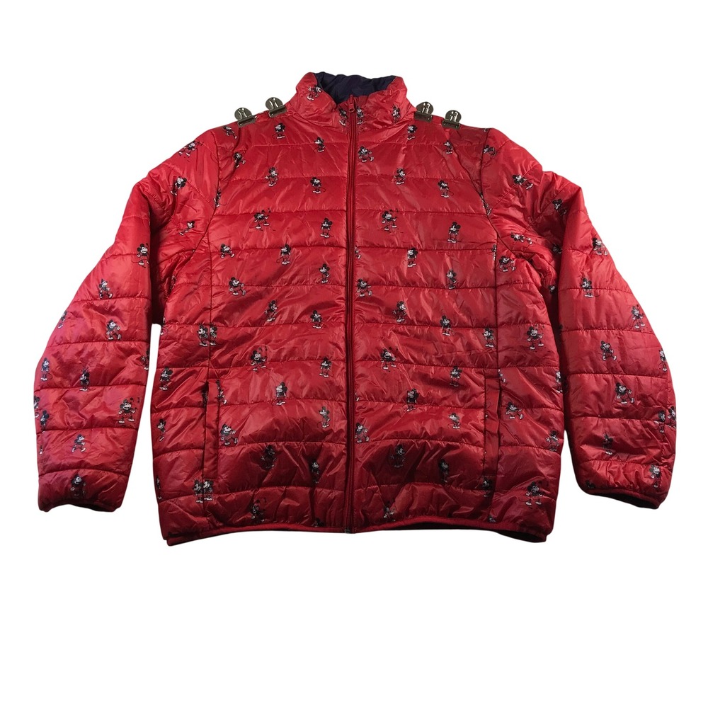 Disney Mickey Mouse Puffer Jacket Red All Over Print Mens XL Disney Parks Coat
